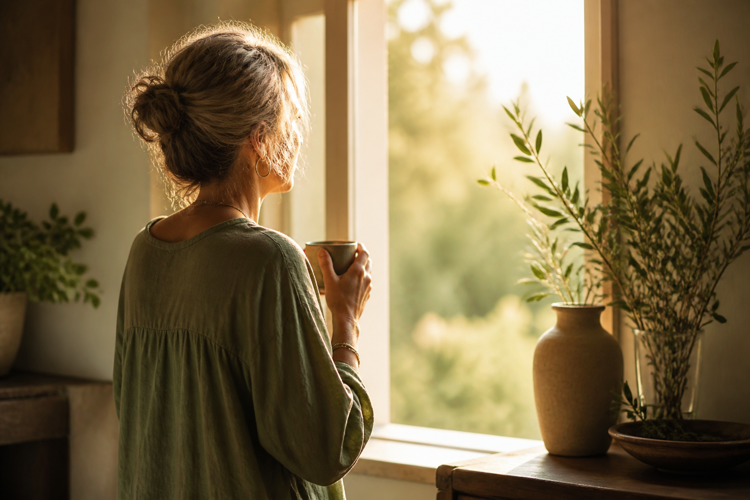 A woman standing in warm morning light, calm and grounded