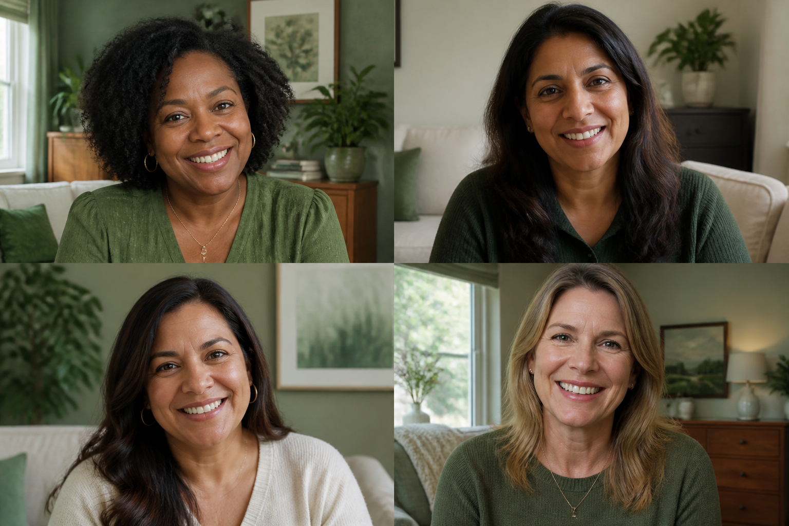 Four women on a Zoom group call, laughing and connecting